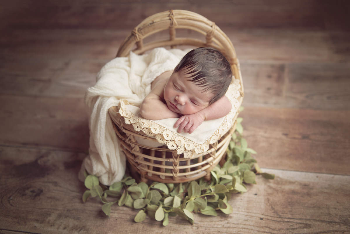Newborn sleeping in bassinet tummy shot, chin resting on hands natural light wood floor drop