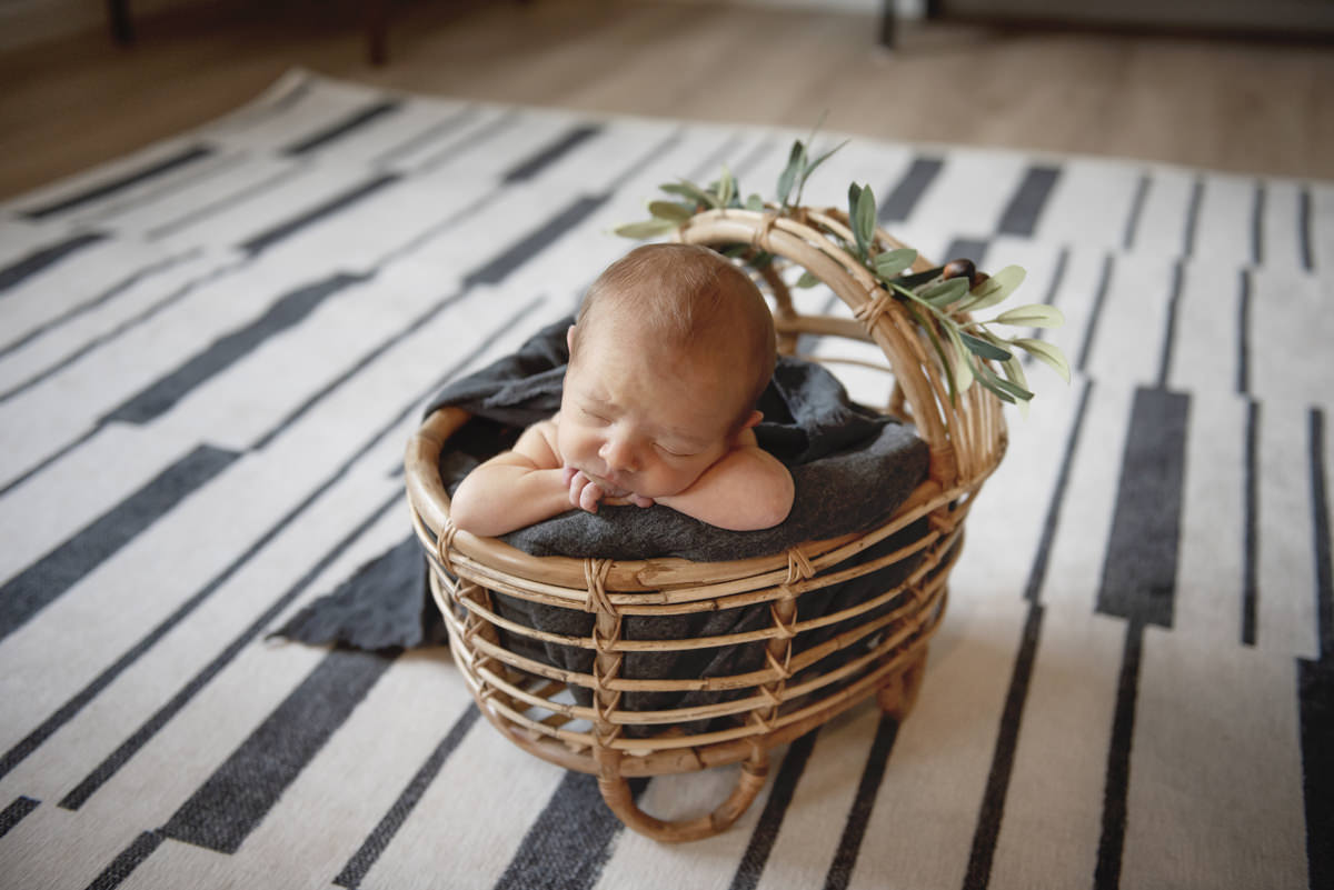newborn baby chin on hands in cradle basket with greenery leaves on a black and white rug