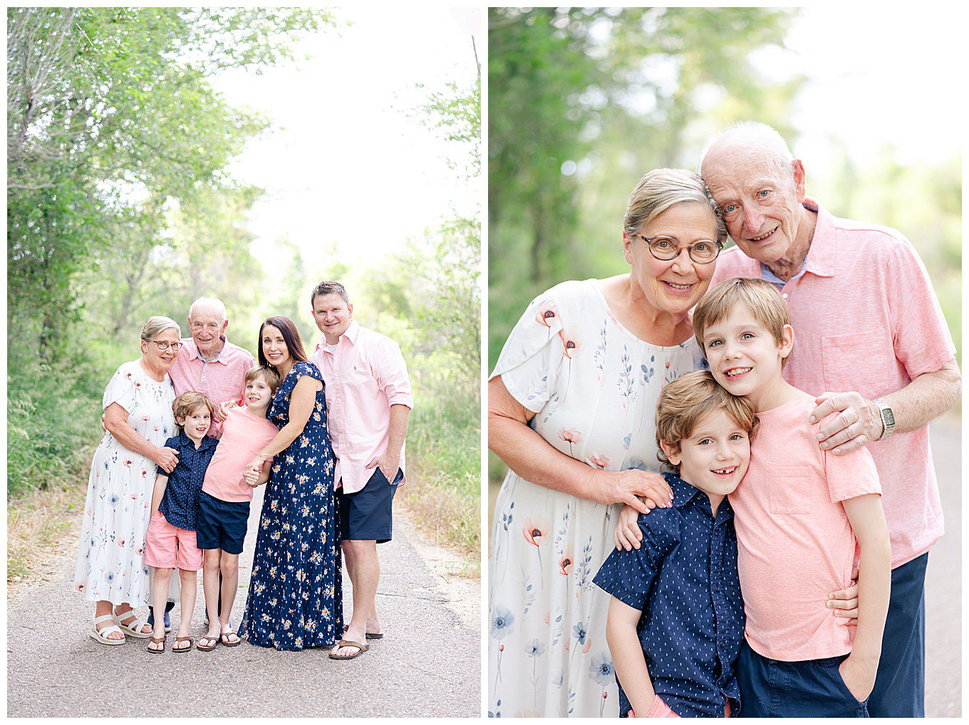 Photos of grandparents with grandchildren in summer hugging and smiling