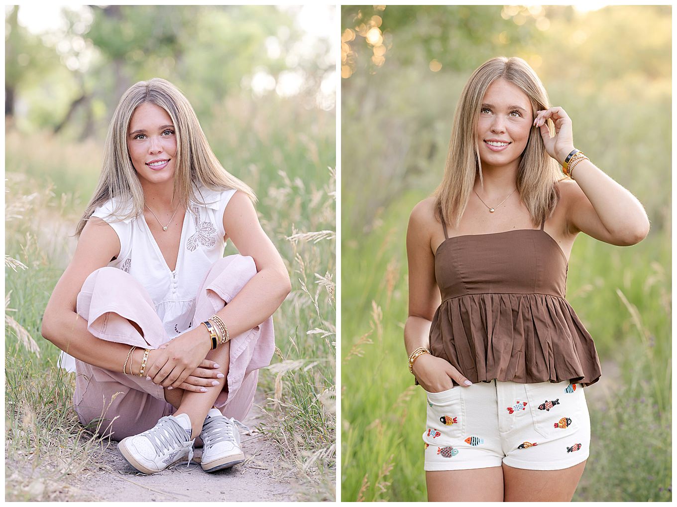 Senior girl photo ideas for girls including outfits hair, jewelry. and makeup