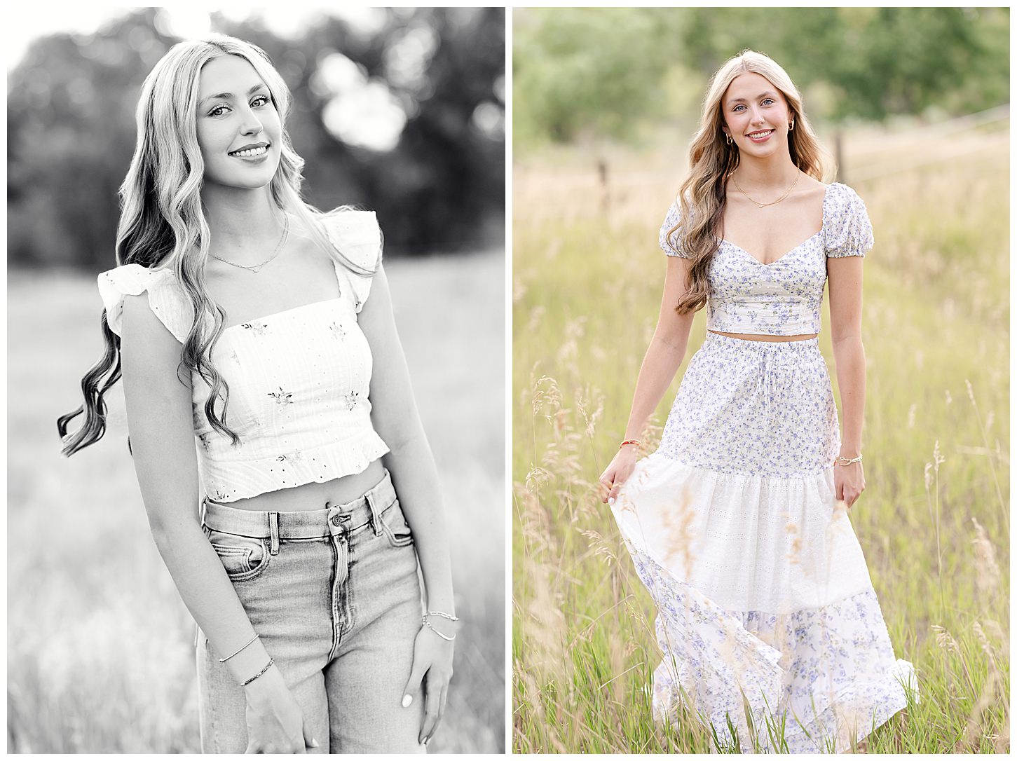 A girl in a maxi skirt with matching crop top taking field senior pictures in Centennial Colorado