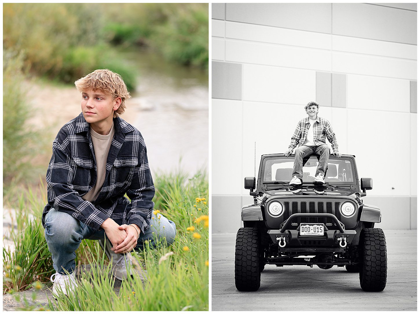 Senior guy sitting on top of his Jeep showing senior Pictures with Jeep Ideas