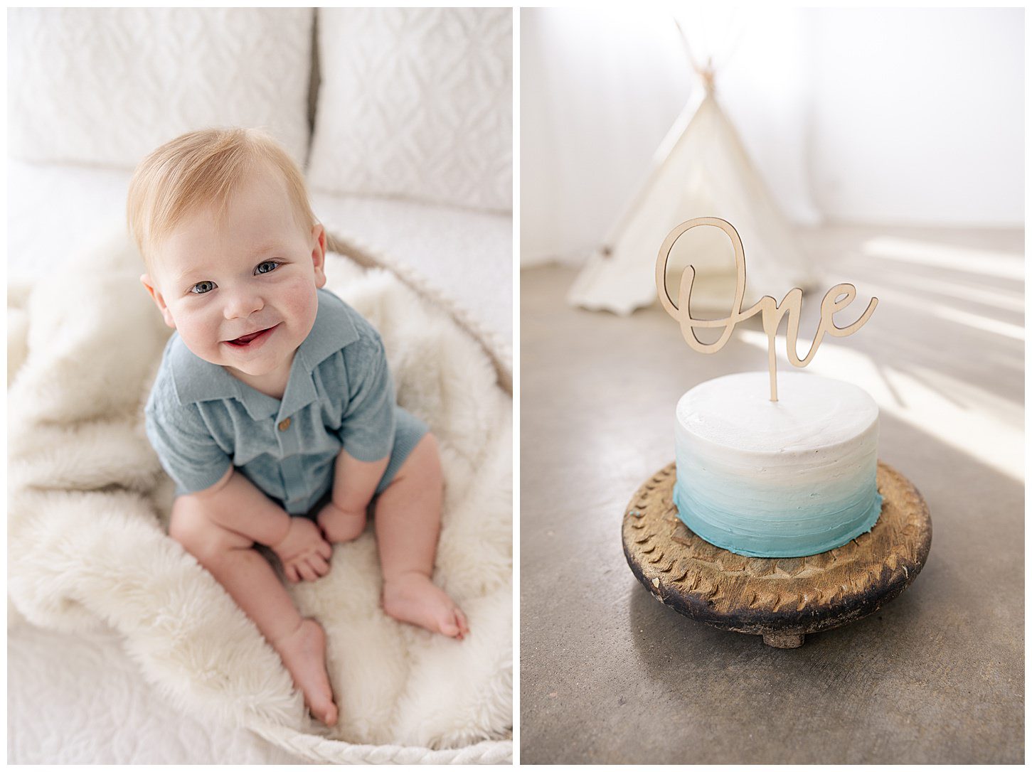 Photos showing smash cake ideas for baby's first birthday with with ombre blue and white cake and baby sitting on a furry blanket and smiling