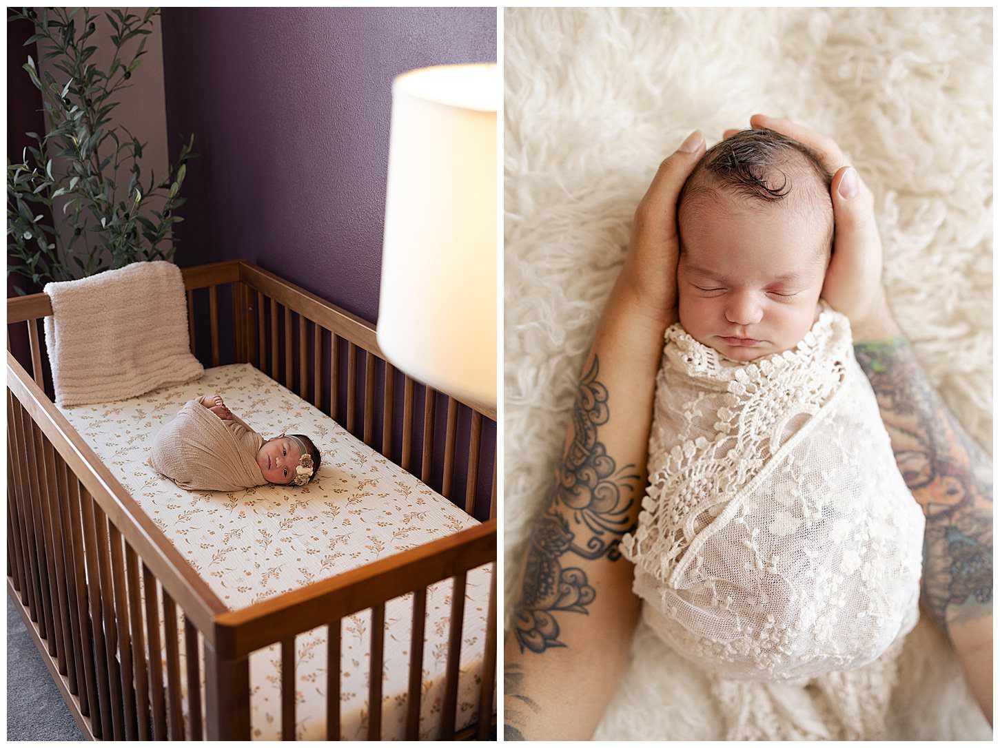 Lifestyle newborn photos eight days old photo of baby in a crib and being held by mom and dad's arms with tattoos