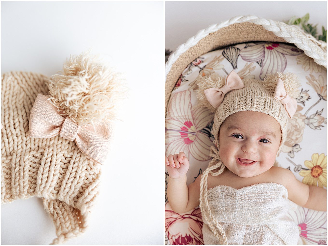 Cream knit baby hat with yarn pom-poms decorated with two soft fabric bows made using the Easy, No-Sew Bow Tutorial.