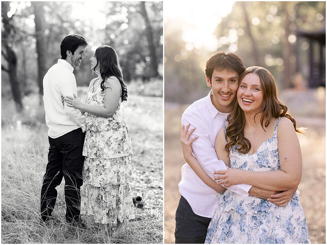 Engaged couple laughing together during engagement photos in Castle Rock, Colorado, surrounded by soft natural light and pine trees