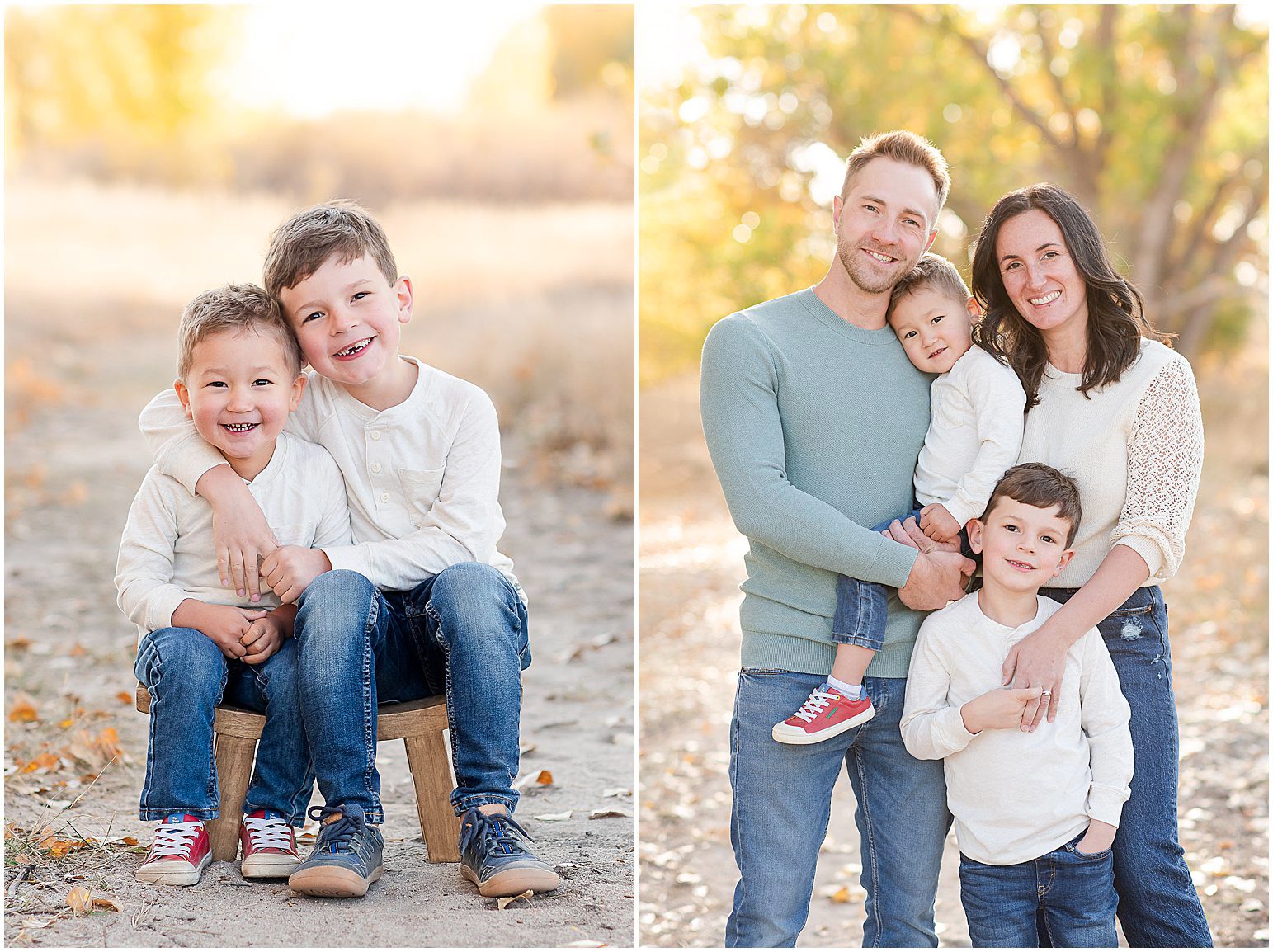Two young brothers smiling and hugging while sitting on a small wooden stool along a dirt path during a family session with a McCabe Meadows photographer in Parker CO, surrounded by soft golden fields and warm evening light at McCabe Meadows in Parker CO.