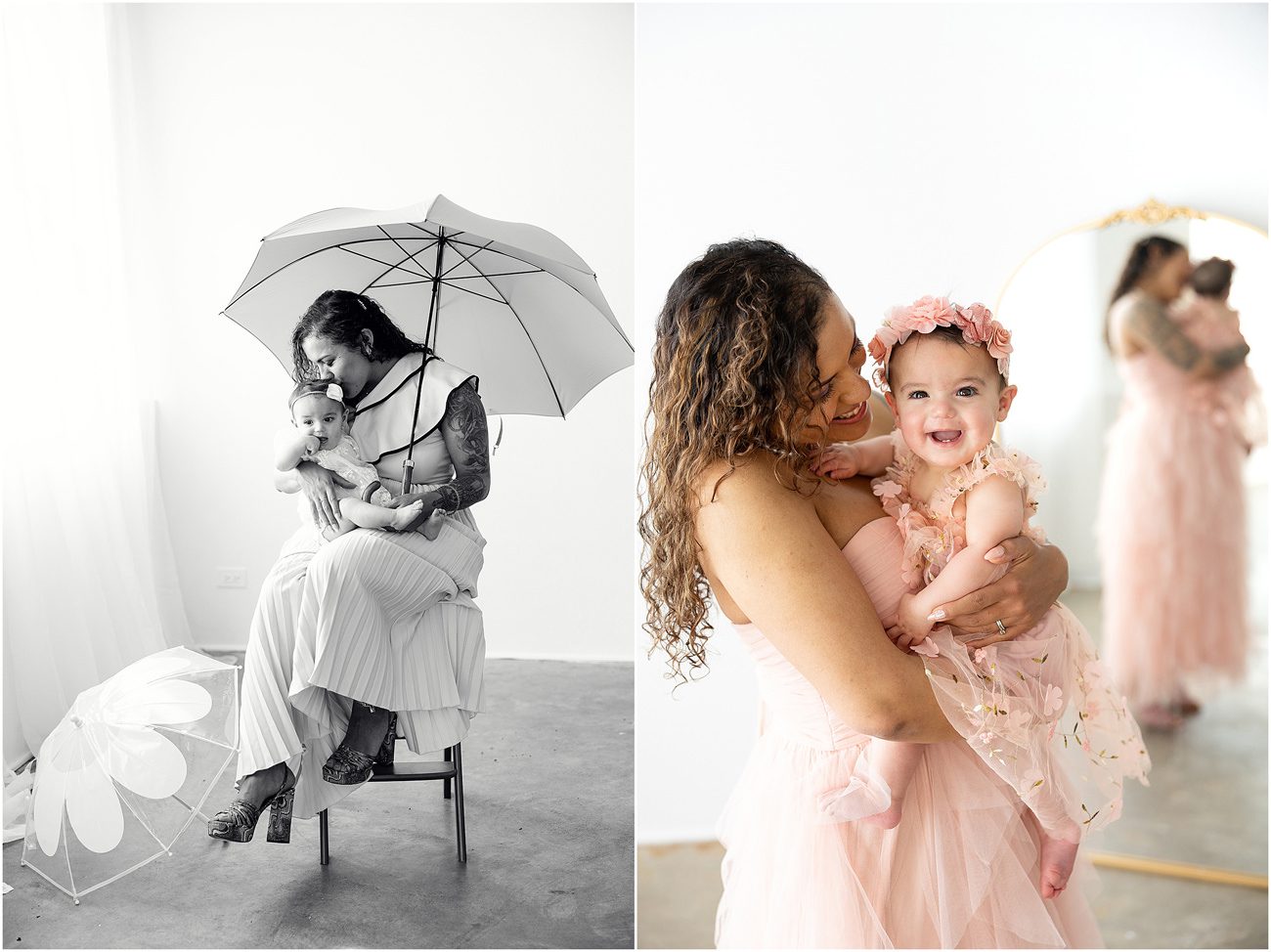mom and baby photos in Centennial CO black and white studio portrait with umbrella and joyful mother holding baby girl in soft pink dress