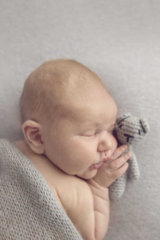 aurora newborn photographer capturing a softly wrapped sleeping baby holding a small knit teddy bear in neutral tones