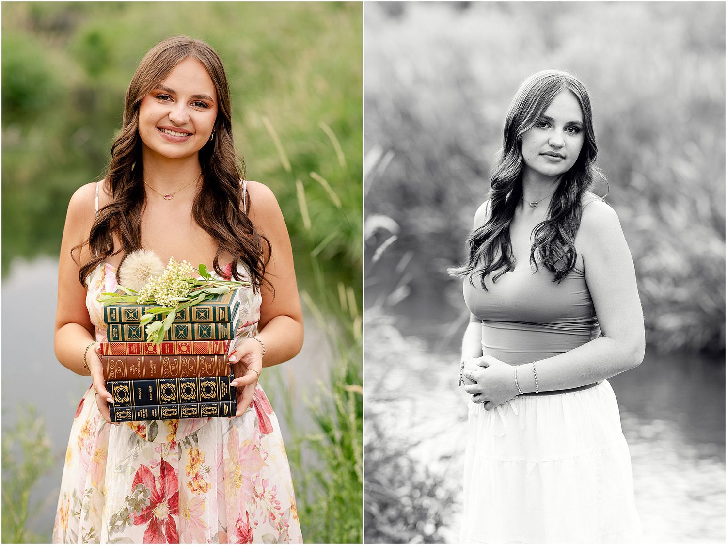 Senior photos with books featuring a stack of family heirloom books styled with flowers.