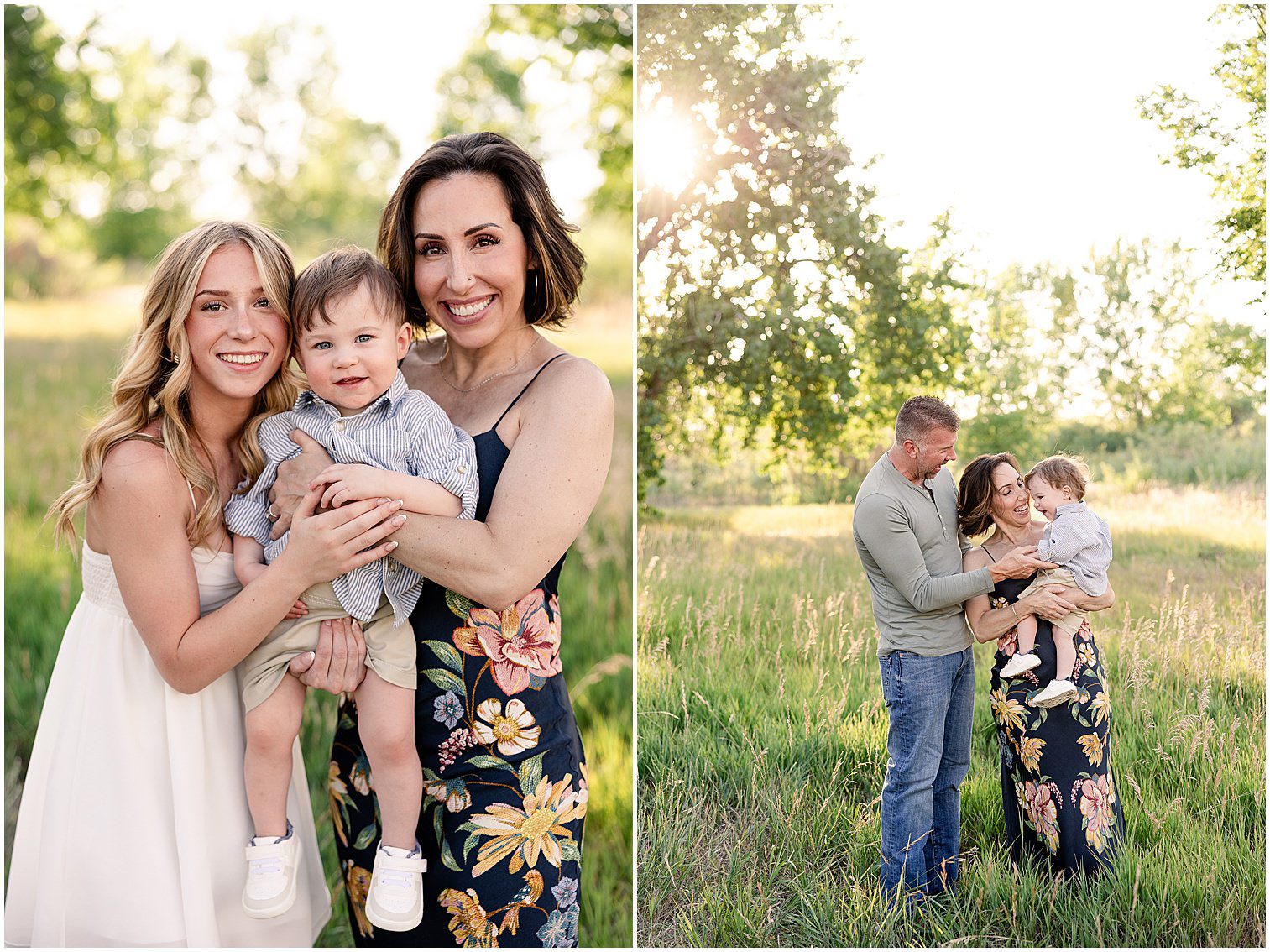 blended family photos of a mother, teenage daughter, and toddler son smiling together in a sunlit field